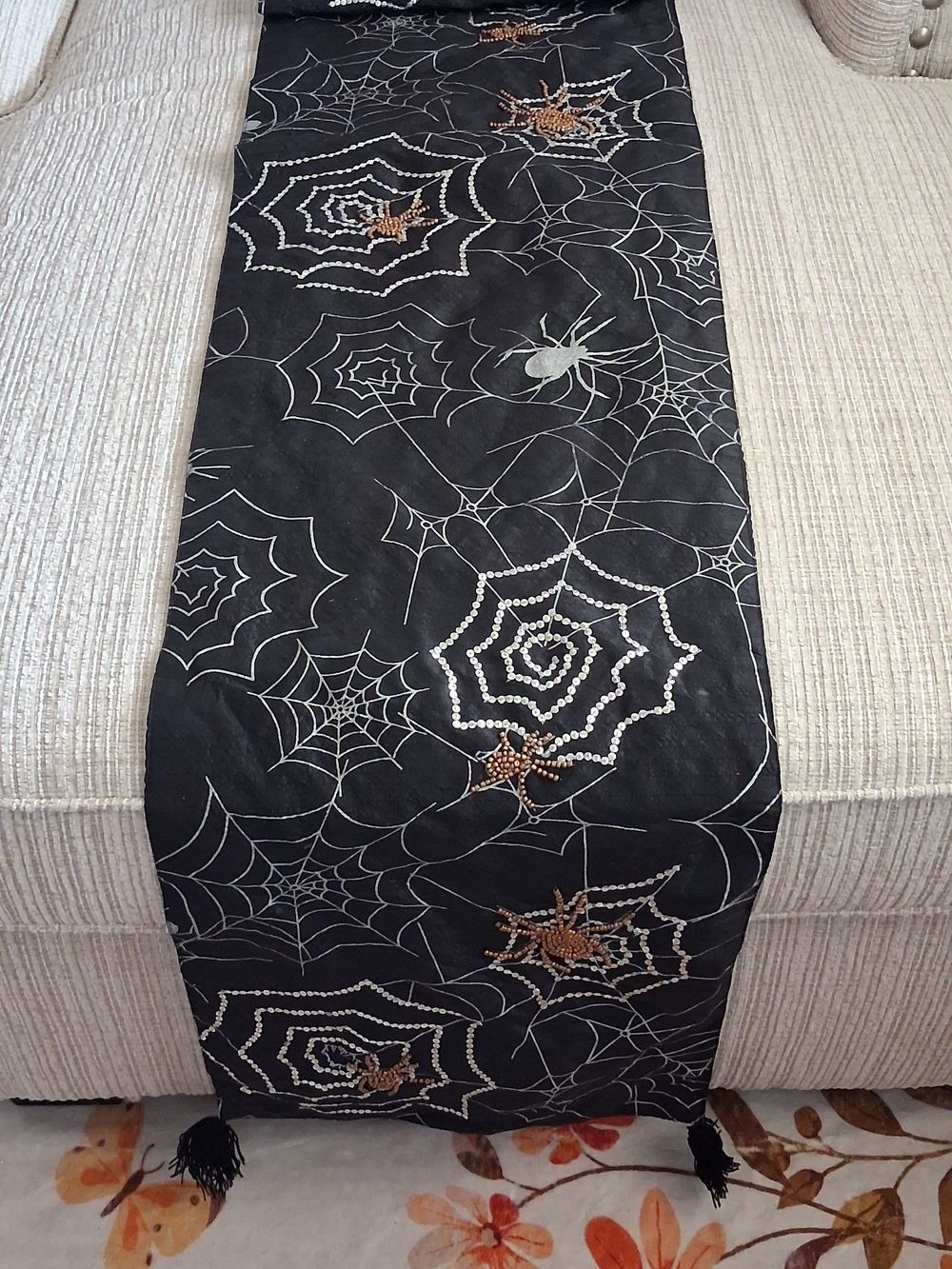 Black Spiderweb Halloween Table Runner with Beaded Accents